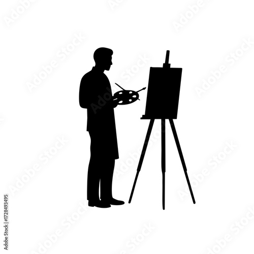 Minimalist Silhouette Standing Artist Painting on Easel Illustration Graphic