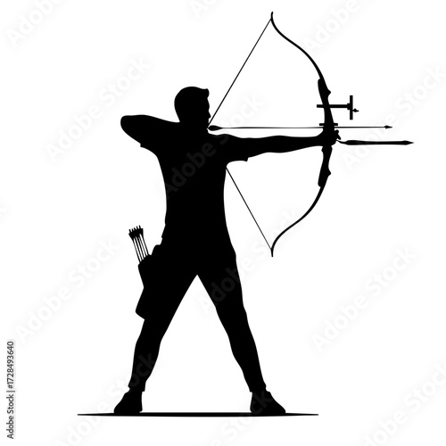 Silhouette Archer with Bow and Arrow Aiming at Target Sport
