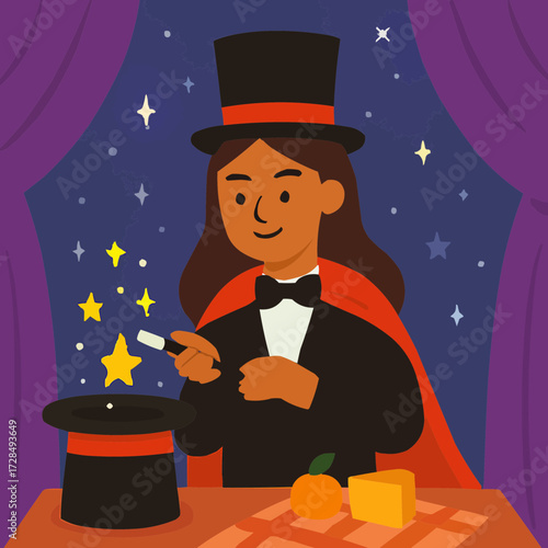 A flat vector illustration of a girl performing a magic trick with a top hat and wand