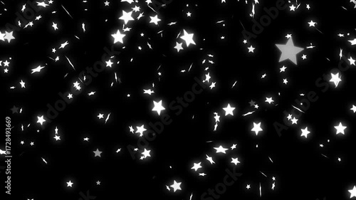 Falling Star Shapes on Black Background Video Animation. Seamless loop of glowing white shooting stars.