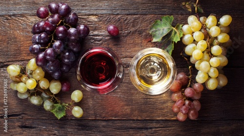 vineyard. Glasses of red and white wine with ripe grapes on a wooden table in a rustic vineyard setting. bar promotions, beverage menus, designed for food & beverage menus and cafe branding.