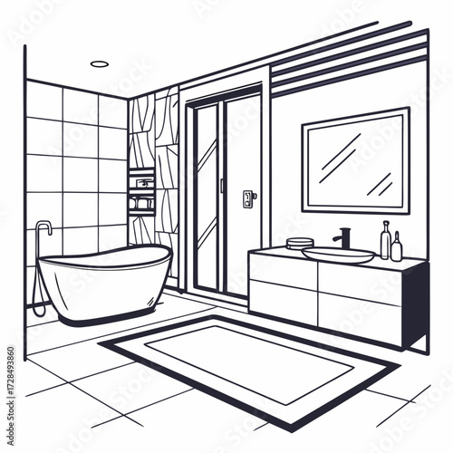A contemporary bathroom interior with a freestanding tub and vanity