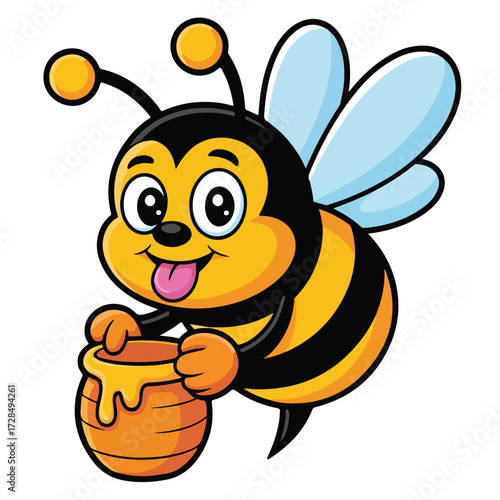 A cute cartoon bumblebee character flying with wings to a flower to collect sweet honey