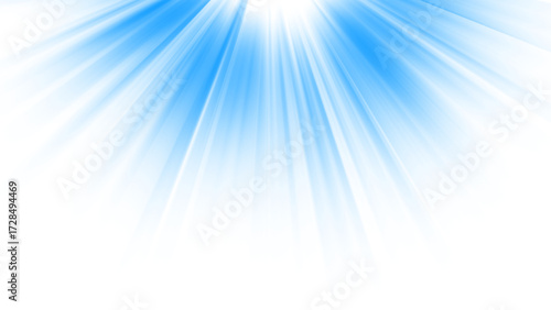 Radiant blue light beams shining down from above isolated on white background