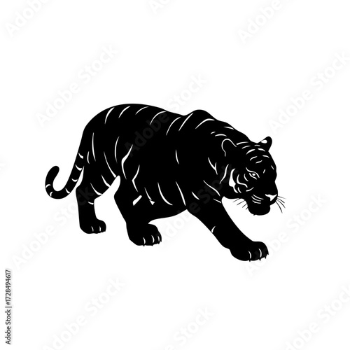 Minimalist Silhouette Roaring Tiger Walking Forward Wildlife Illustration