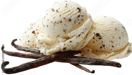Two scoops of vanilla ice cream with chocolate chips, nestled on a bed of vanilla beans