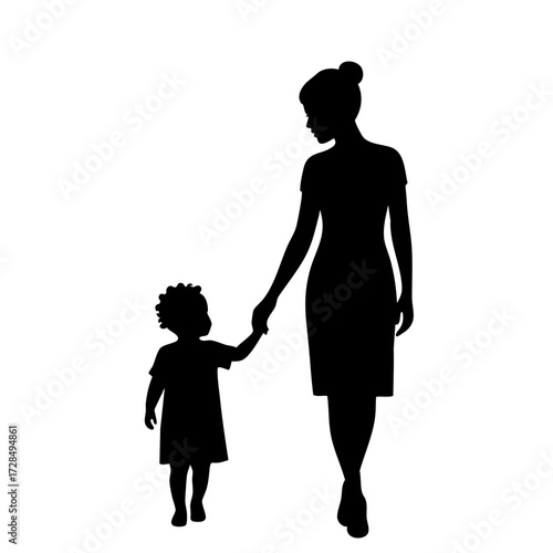 Silhouette Elegant Mother with Child Holding Hand Walking Together Figure