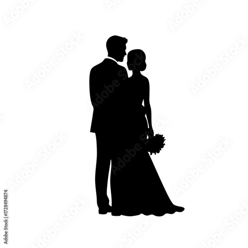 Elegant Silhouette Bride and Groom Embracing Romantic Couple Ceremony Illustration