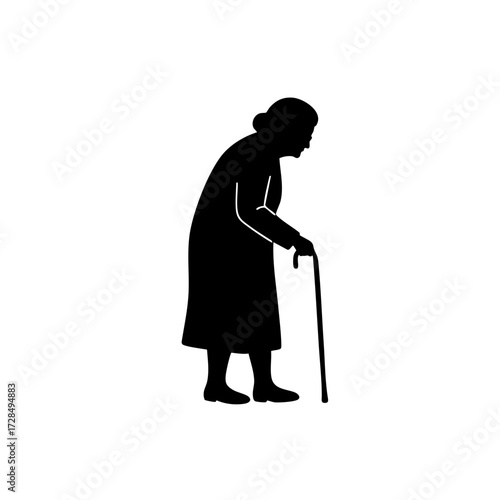 Simple Black Silhouette Old Woman Walking with Cane Illustration