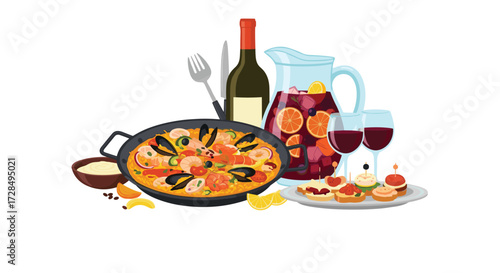 A vibrant spanish seafood paella feast with sangria and appetizers.