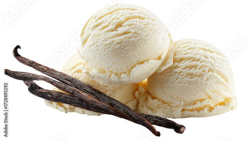 Three scoops of vanilla ice cream with vanilla bean pods