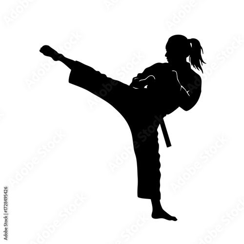 Silhouette Focused Woman Practicing Martial Art with High Kick Illustration