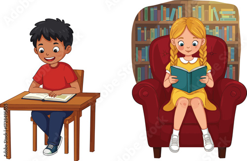 Cartoon children reading books indoors, boy at desk and girl in armchair, educational activity, literacy, cozy room, bookshelf background
