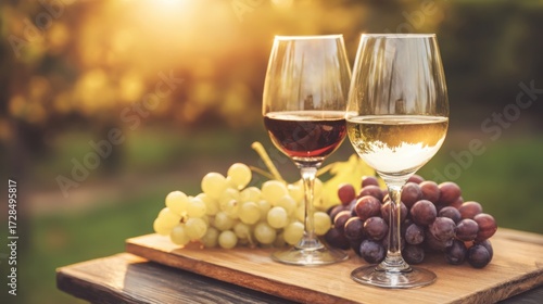 vineyard. Glasses of red and white wine with ripe grapes on a wooden table in a rustic vineyard setting. bar promotions, beverage menus, designed for food & beverage menus and cafe branding.