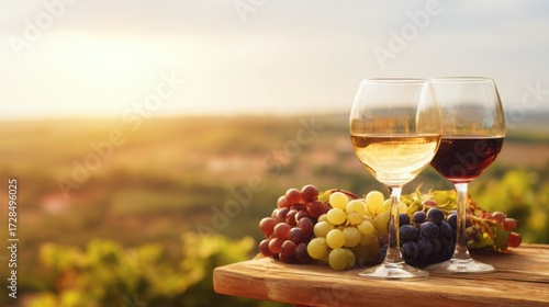 vineyard. Glasses of red and white wine with ripe grapes on a wooden table in a rustic vineyard setting. bar promotions, beverage menus, designed for food & beverage menus and cafe branding.