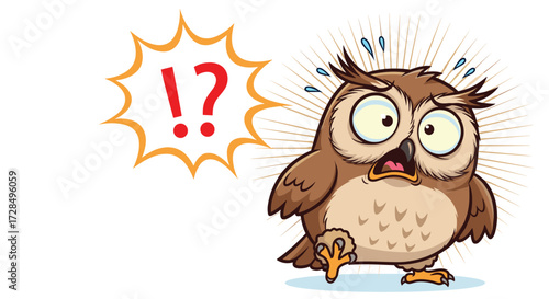 A surprised owl with wide eyes and an exclamation mark bubble.