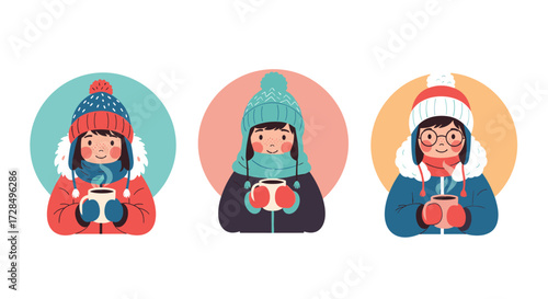 Three cheerful children in winter hats and coats holding warm drinks.