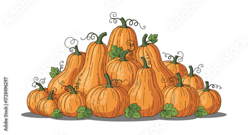 A bountiful harvest of pumpkins and squash gathered in a large pile for autumn celebrations.