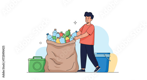 Man sorting a large bag full of recyclables for the environment.