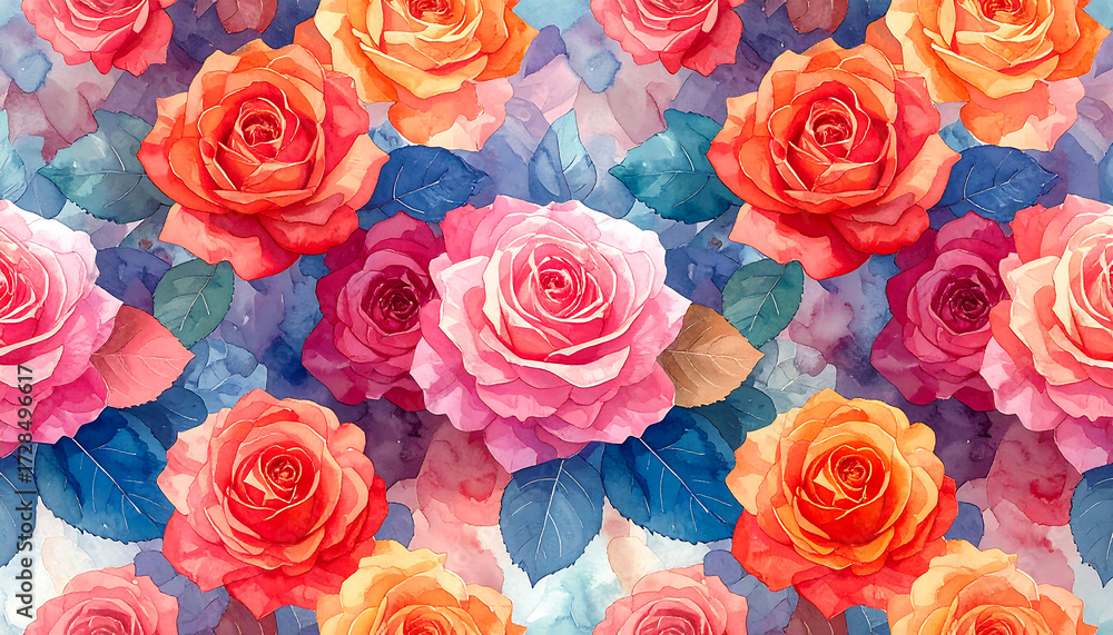 Fototapeta premium Vibrant watercolor rose pattern with layered petals and blue green leaves creating joyful seamless floral background