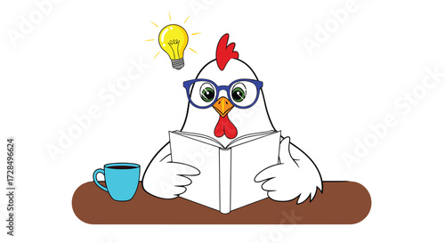 A smart chicken with glasses reads a book and has a bright idea.
