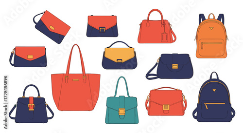 A collection of stylish handbags and backpacks in various shapes and colors.