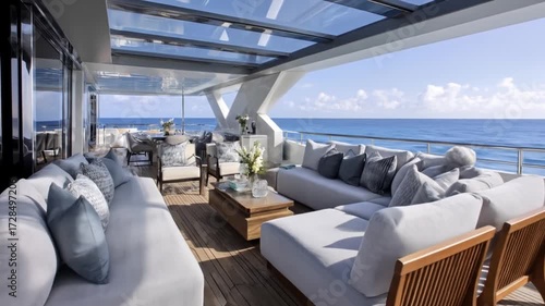 Yacht deck scene A sun-drenched aft deck features an L-shaped sectional sofa, armchairs, a coffee table, and a dining set, all overlooking a tranquil ocean