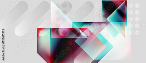 Abstract geometric composition. Overlapping shapes, gradients, translucent elements create modern visual effect. Minimalist design.