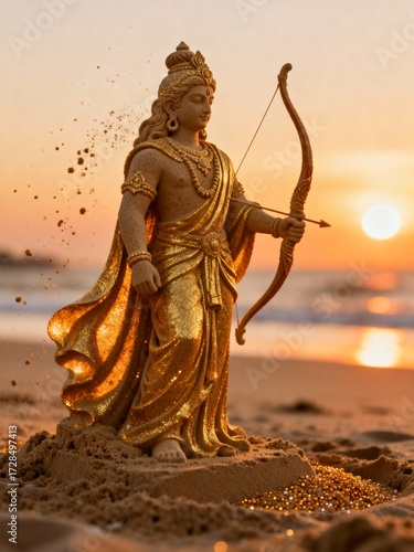 Golden statue of lord rama with bow and arrow on beach at sunset
