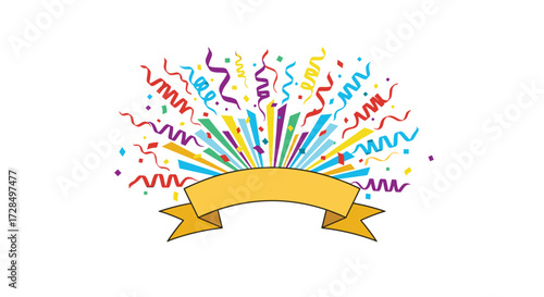 Colorful celebratory confetti and streamers bursting outwards from a golden banner. This festive decoration symbolizes joy and excitement for special occasions and events.