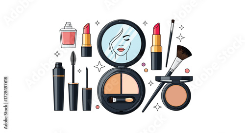 A collection of various makeup products displayed in an artistic arrangement.