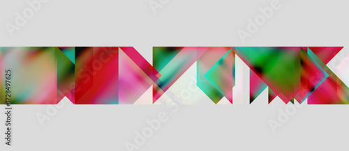 Abstract geometric shapes, vibrant colors blend. Pink, green, red dominate composition. Modern design, digital art style.