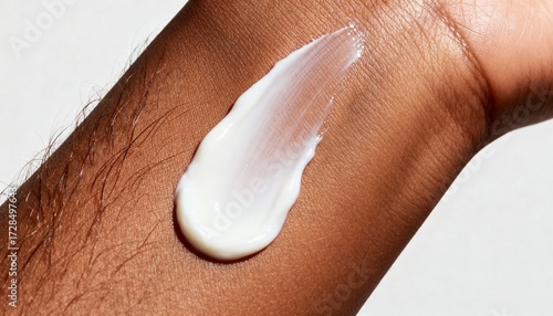 Closeup of a dollop of white cream being applied to a persons arm