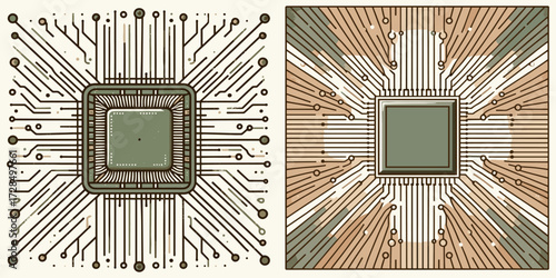 Two square microprocessors or computer chips with integrated circuits and connections radiating outwards in a symmetrical pattern
