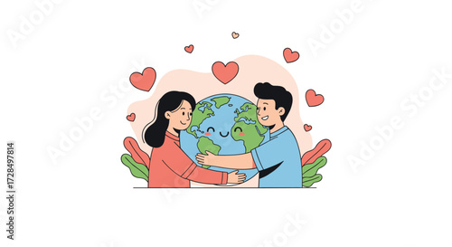 Couple holding the earth together with love and care for planet.