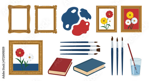 A collection of artistic items including ornate picture frames paintings brushes and books.