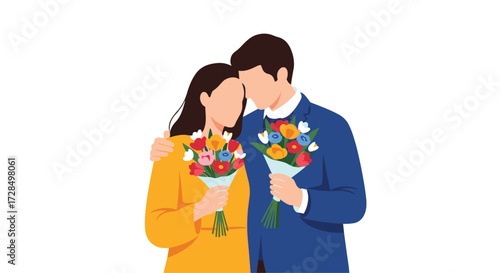 A couple holds vibrant bouquets of colorful flowers while embracing.