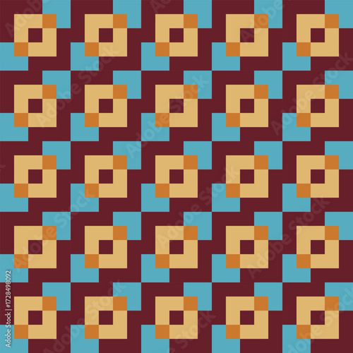 Retro pattern created from gold, cream, blue and deep maroon squares
