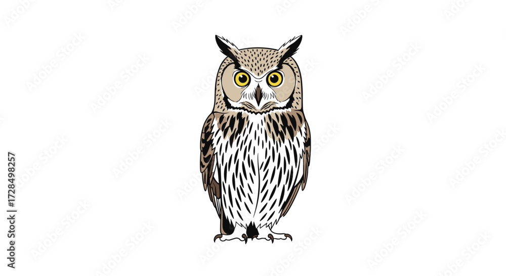 Fototapeta premium An artistic representation of a great horned owl with detailed feathers and piercing yellow eyes on a white background.