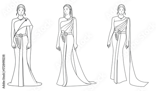Woman in Traditional Thai Dress, Full-Body Outline Drawing, Wedding Costume.