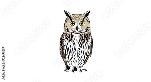 An artistic representation of a great horned owl with detailed feathers and piercing yellow eyes on a white background.