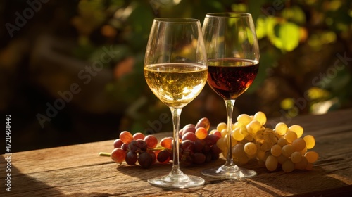 vineyard. Glasses of red and white wine with ripe grapes on a wooden table in a rustic vineyard setting. bar promotions, beverage menus, designed for food & beverage menus and cafe branding.