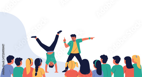 A dynamic dance performance captivates an eager audience with energetic moves.