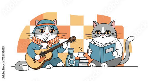 Two adorable cats enjoying a cozy afternoon with music and a good book.