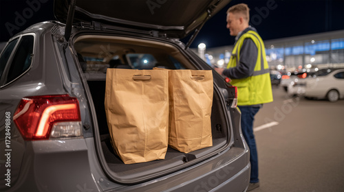 Charitable food distribution with grocery bags packed in car trunk