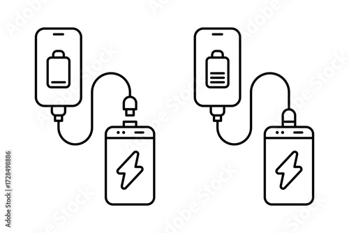 Charging smartphone icon set. Phone charge, battery, powerbank, energy, electricity symbol. Vector Illustration