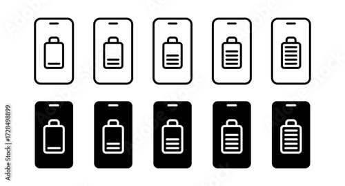 Charging smartphone icon set. Phone charge, battery, powerbank, energy, electricity symbol. Vector Illustration