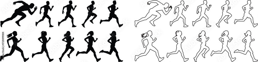 Fototapeta premium Mixed runners in silhouette profiles.Profile and people silhouette collection. User profile symbol. Group of people or group of users collection. Perfect can use in demographic, social media, and team
