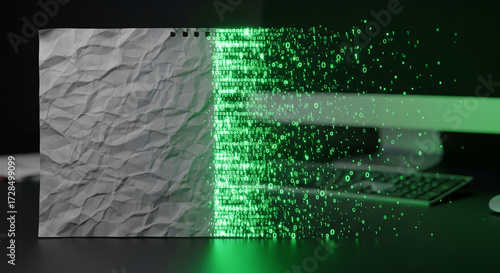 A sheet of paper with half turning into glowing binary code or pixels, symbolizing the bridge between traditional creativity and digital transformation.