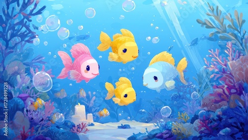 Cute cartoon fish in an underwater scene